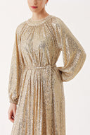 Beige Ruched detail sequined balloon sleeve dress 94468