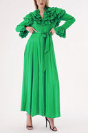 Green High collar ruffle-detail shirt dress 94465