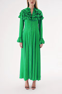 Green High collar ruffle-detail shirt dress 94465