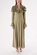 Khaki High collar ruffle-detail shirt dress 94465