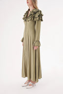 Khaki High collar ruffle-detail shirt dress 94465