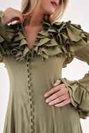 Khaki High collar ruffle-detail shirt dress 94465