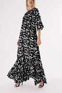 Patterned Loosely ruched balloon sleeve belted dress 94481