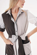 Mixed Colors Contrast fabric combination shirred shirt dress 94494