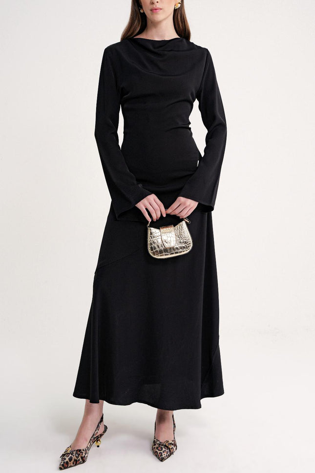 Black Off-neck neckline fitted slit dress 94502