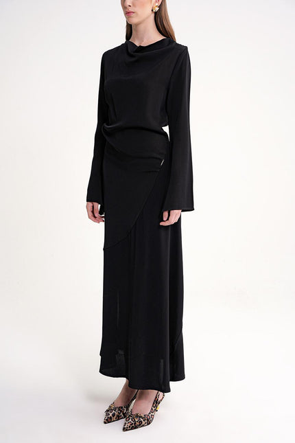 Black Off-neck neckline fitted slit dress 94502
