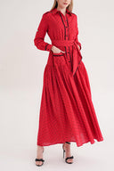 Red Gathered long shirt dress with lace detail 94511
