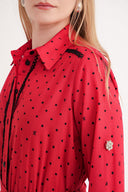 Red Gathered long shirt dress with lace detail 94511