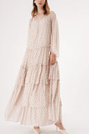 Beige Gathered, relaxed fit, belted long dress 94515