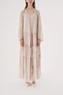 Beige Gathered, relaxed fit, belted long dress 94515