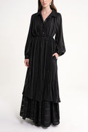 Black Gathered, loose-fitting belted long dress 94517