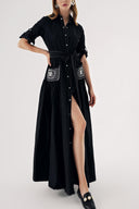 Black White stitching detailed, pocket embroidered long shirt dress 94524