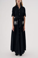 Black White stitching detailed, pocket embroidered long shirt dress 94524