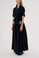 Black White stitching detailed, pocket embroidered long shirt dress 94524
