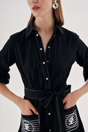 Black White stitching detailed, pocket embroidered long shirt dress 94524