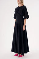 Black Flared sleeve ribbon-detailed ruffled dress 94538