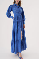 Navy Blue Balloon sleeve ruffled crystal stone embellished shirt dress 94546