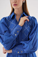 Navy Blue Balloon sleeve ruffled crystal stone embellished shirt dress 94546