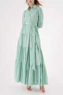 Green Balloon sleeve ruffled crystal stone embellished shirt dress 94546