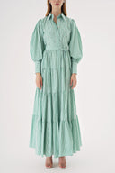 Green Balloon sleeve ruffled crystal stone embellished shirt dress 94546