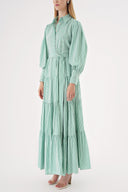 Green Balloon sleeve ruffled crystal stone embellished shirt dress 94546