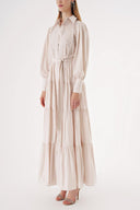 Beige Balloon sleeve ruffled crystal stone embellished shirt dress 94546