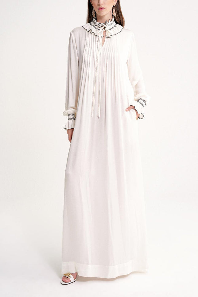 White Loose fit long dress with gipe embroidery detail 94452