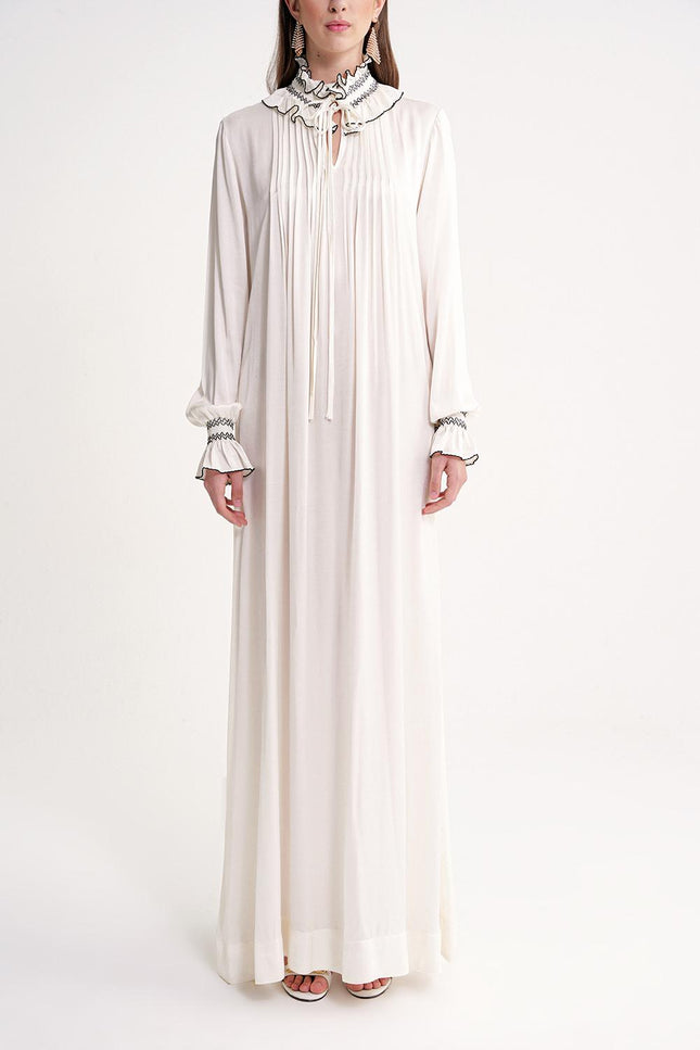 White Loose fit long dress with gipe embroidery detail 94452
