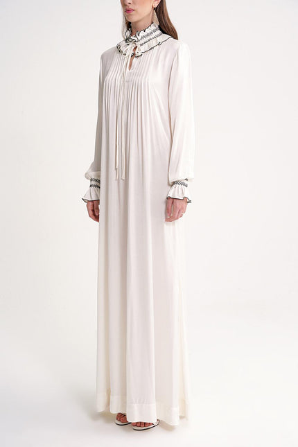 White Loose fit long dress with gipe embroidery detail 94452