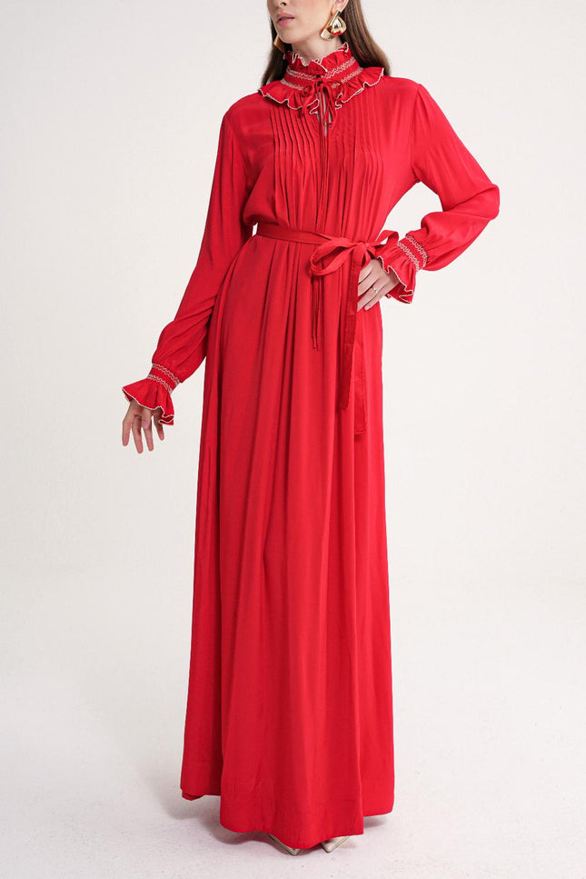 Red Loose fit long dress with gipe embroidery detail 94452