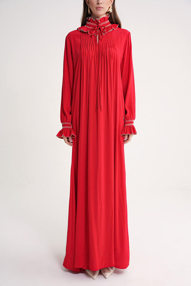 Red Loose fit long dress with gipe embroidery detail 94452