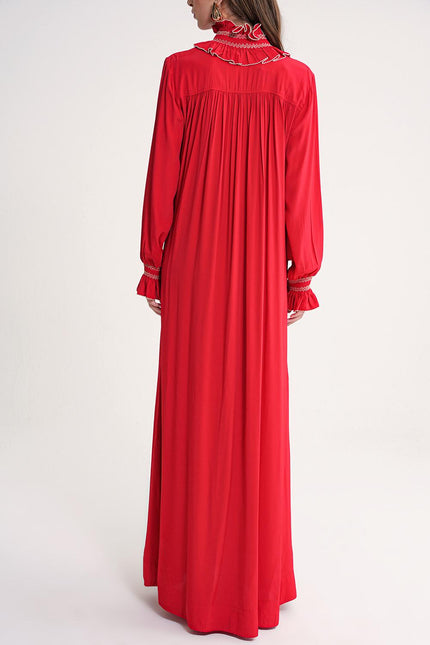 Red Loose fit long dress with gipe embroidery detail 94452