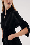 Black Gathered long shirt dress with elastic waist 94570