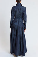 Navy Blue Gathered long shirt dress 94821