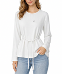 White Embroidered detailed belted loose-fit blouse 19937