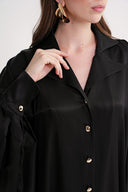 Black Loose-cut long dress with stitching and crystal  button detail 94614