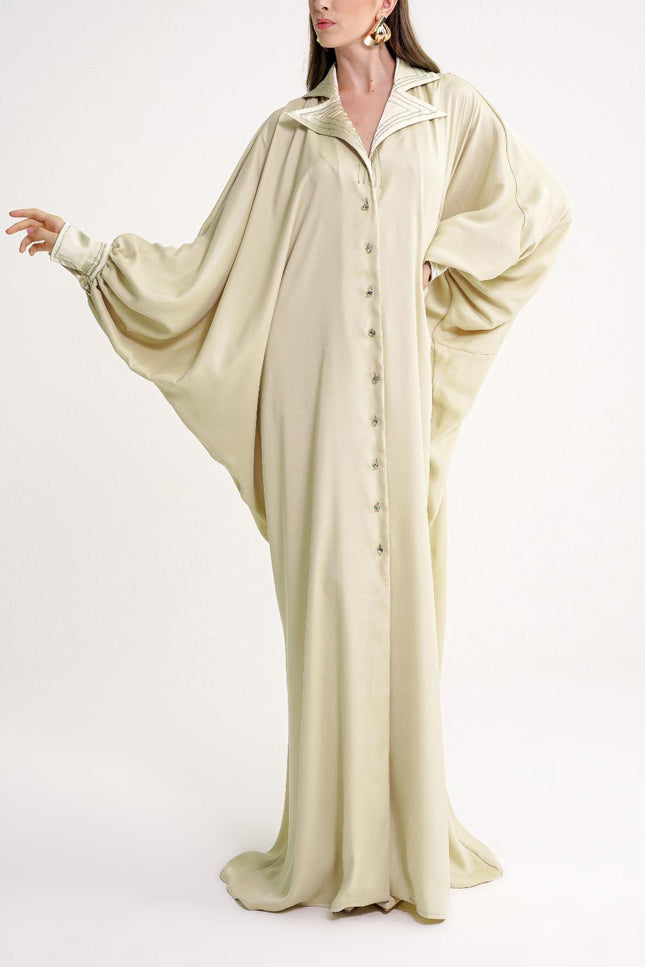 Beige Loose-cut long dress with stitching and crystal  button detail 94614