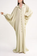 Beige Loose-cut long dress with stitching and crystal  button detail 94614