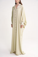 Beige Loose-cut long dress with stitching and crystal  button detail 94614