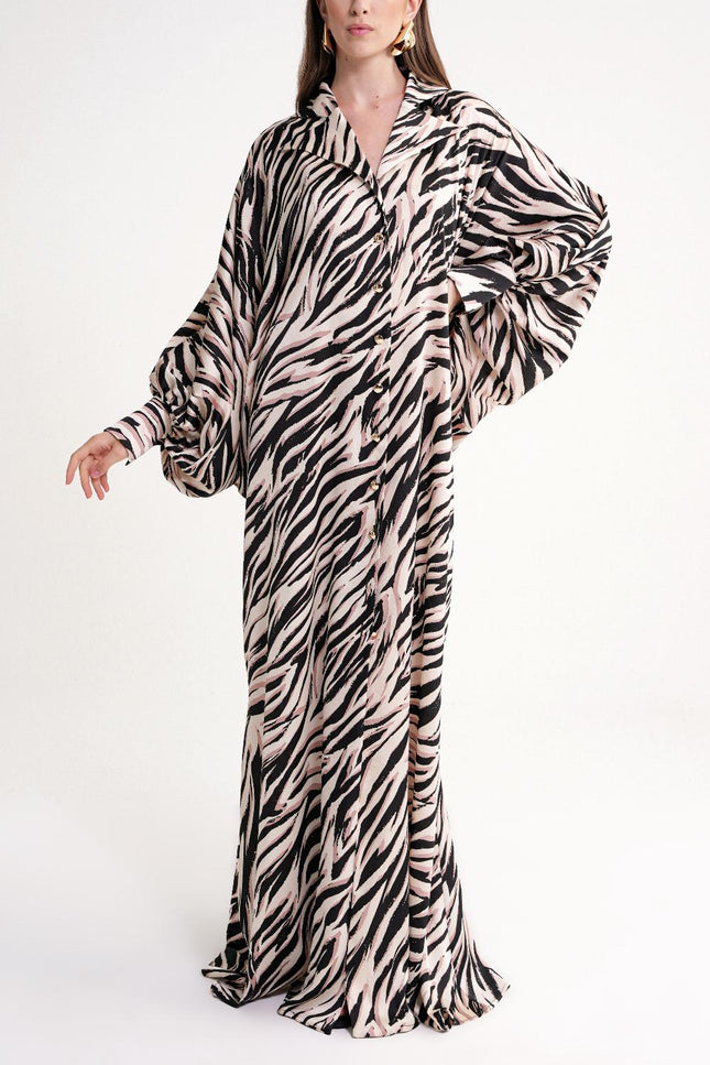 Zebra Pattern Loose-cut long dress with stitching and crystal  button detail 94614