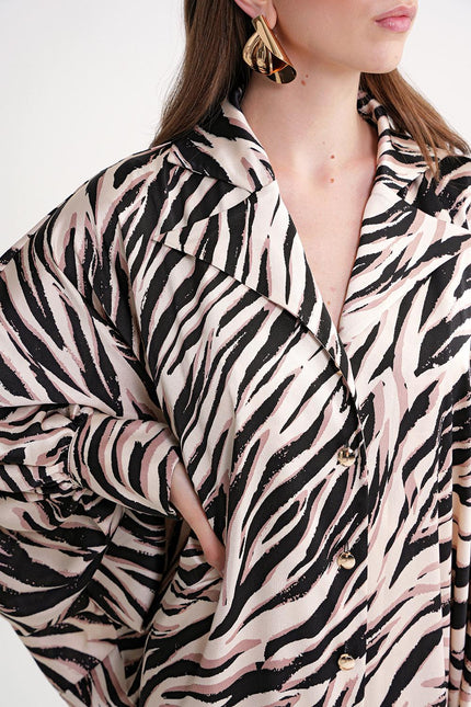 Zebra Pattern Loose-cut long dress with stitching and crystal  button detail 94614