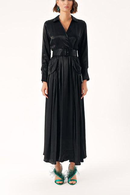 Black Belted double-breasted dress with big pockets 94623