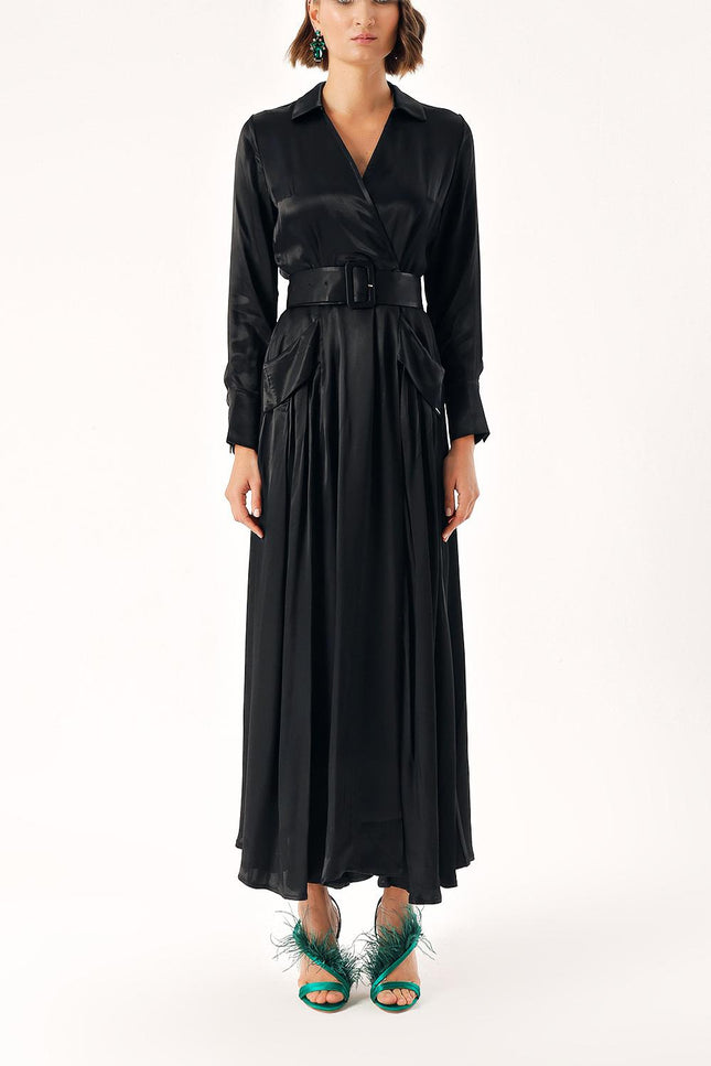 Black Belted double-breasted dress with big pockets 94623