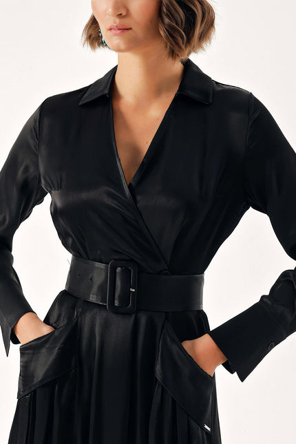 Black Belted double-breasted dress with big pockets 94623