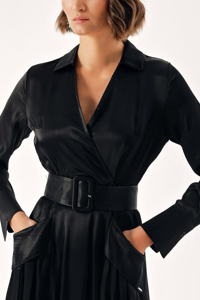 Black Belted double-breasted dress with big pockets 94623