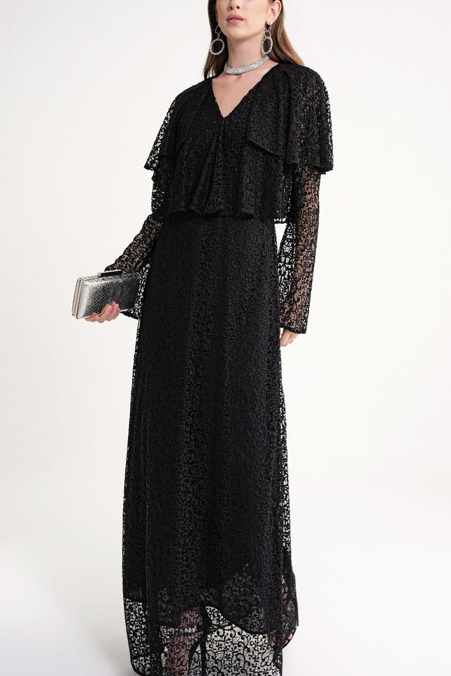 Black Long lace dress with ruffle detail on the neckline 94637