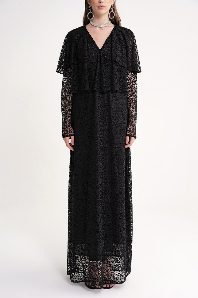 Black Long lace dress with ruffle detail on the neckline 94637