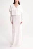 White Long lace dress with ruffle detail on the neckline 94637