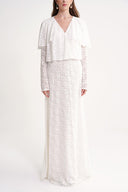 White Long lace dress with ruffle detail on the neckline 94637