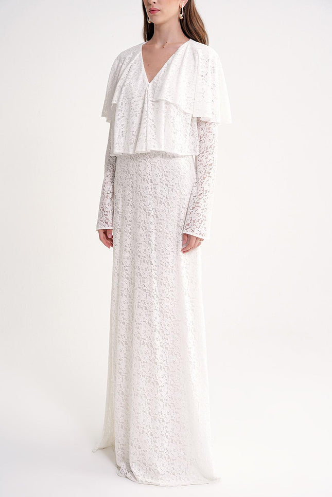 White Long lace dress with ruffle detail on the neckline 94637